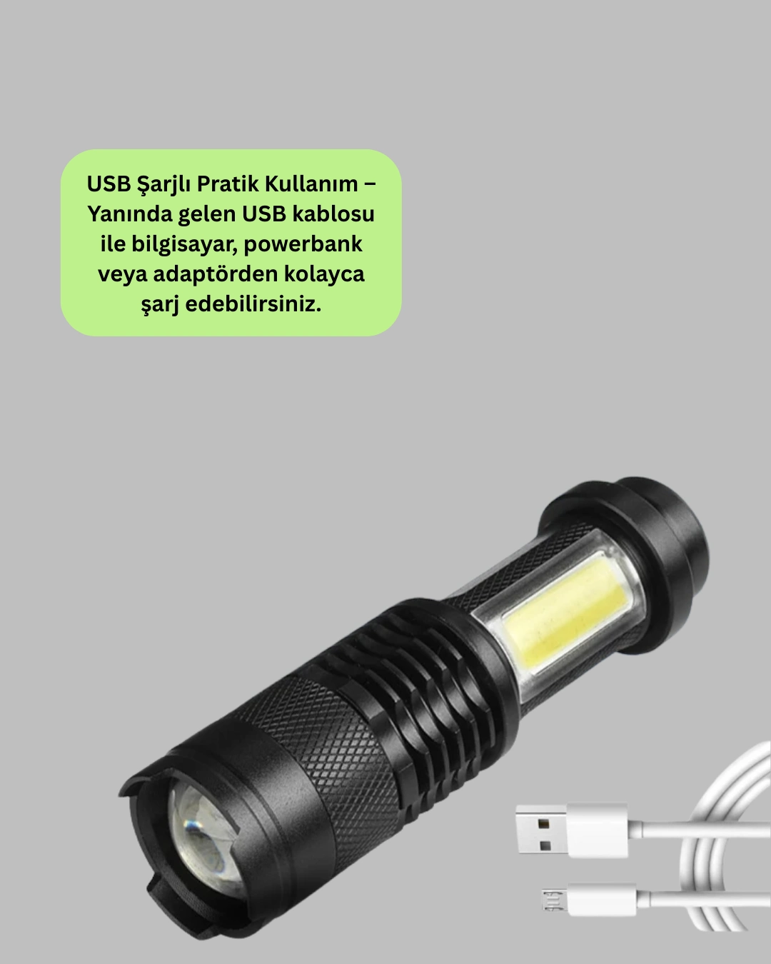 4 Modlu Usb Şarjlı Led El Feneri Kamp Ve Outdoor ( Lisinya )