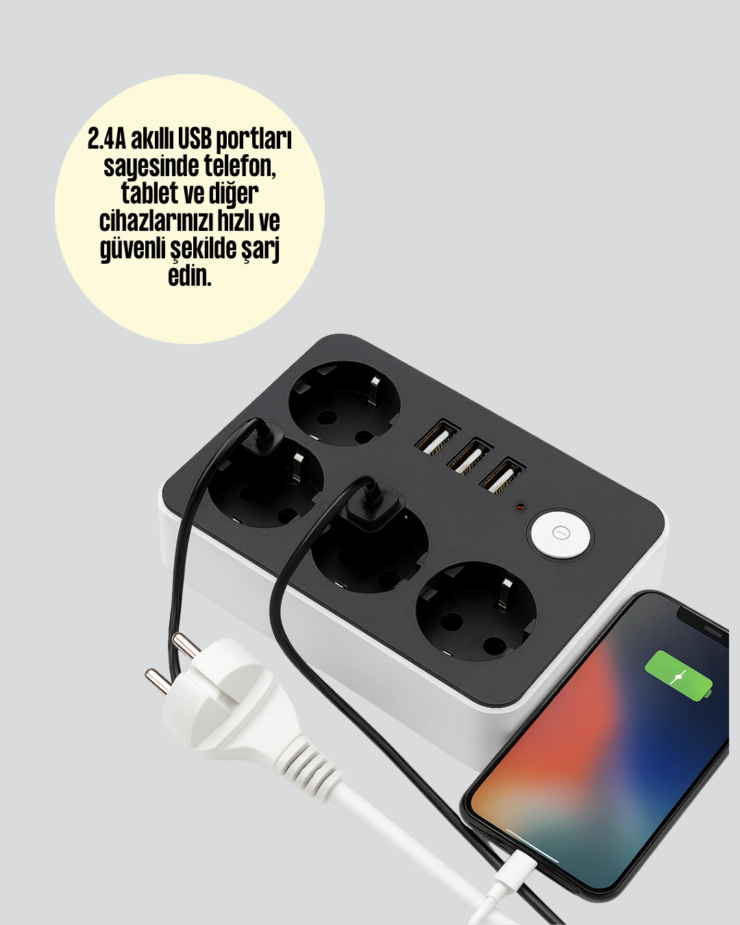 4.1a Hızlı Şarjlı Akım Korumalı 4 Priz Ve 3 Usb Çıkışlı Priz ( Lisinya )