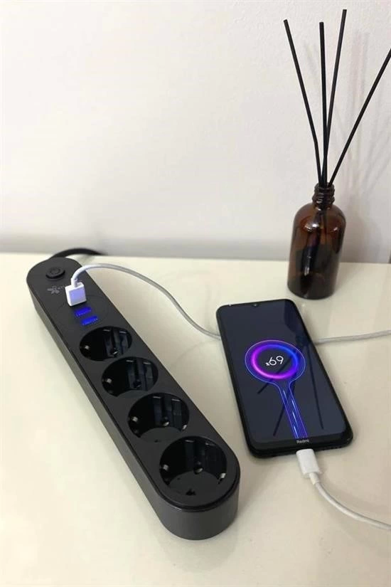 4lü Siyah Anahtarlı 3 Usb Li Akım Korumalı Topraklı Çocuk Korumalı Grup Priz 2 Metre ( Lisinya )