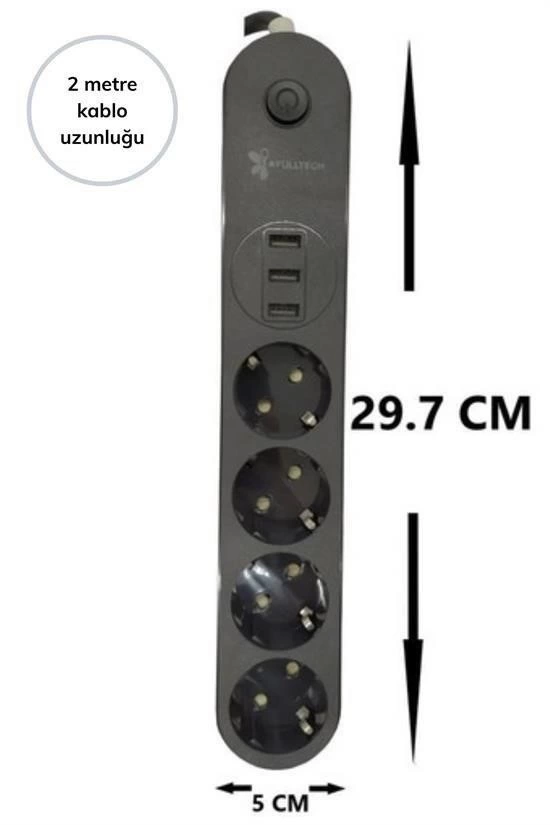 4lü Siyah Anahtarlı 3 Usb Li Akım Korumalı Topraklı Çocuk Korumalı Grup Priz 2 Metre ( Lisinya )