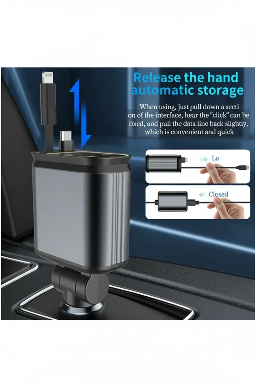 4’ü 1 Arada Araç Çakmaklık Şarj Cihazı 66W Type-C Hızlı Şarj Çift USB Telefon Şarj Geri Çekilebilir Kablo ( Lisinya ) 4’ü 1 Arada Araç Çakmaklık Şarj Cihazı 66W Type-C Hızlı Şarj Çift USB Telefon Şarj Geri Çekilebilir Kablo ( Lisinya )