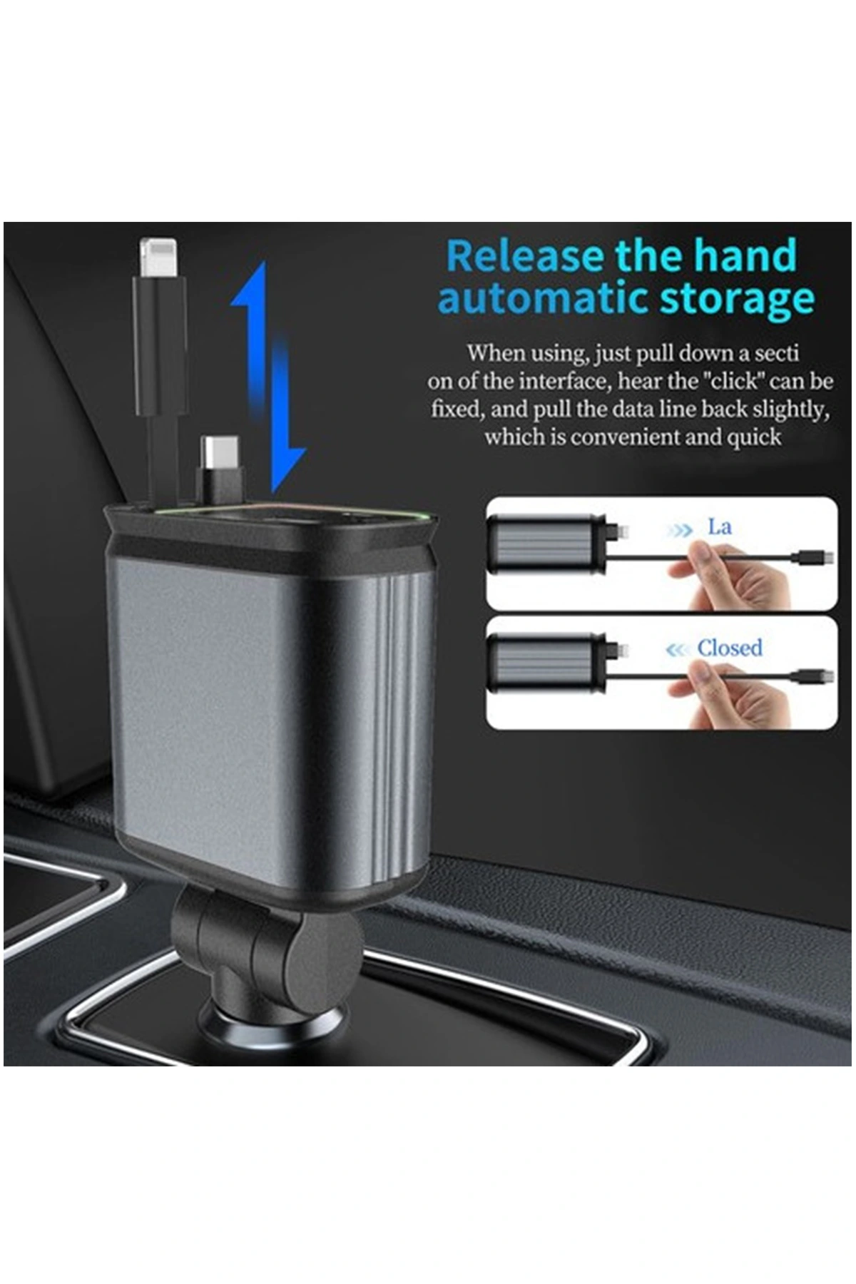 4’ü 1 Arada Çift Usb Bağlantı Çakmaklık, Type-c Hızlı Şarjlı 66w,geri Çekilebilir Araç Telefon Şarj Cihazı ( Lisinya )