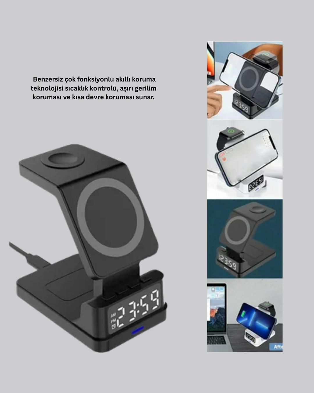 4’ü 1 Arada Kablosuz Şarj İstasyonu – Led Saat Ekranlı, Apple Uyumlu, Akıllı Güvenlik Koruması ( Lisinya )
