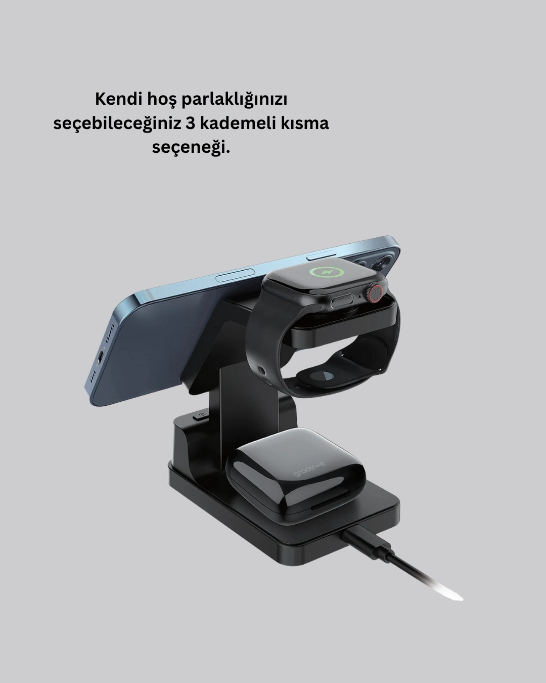 4’ü 1 Arada Kablosuz Şarj İstasyonu – Led Saat Ekranlı, Apple Uyumlu, Akıllı Güvenlik Koruması ( Lisinya )