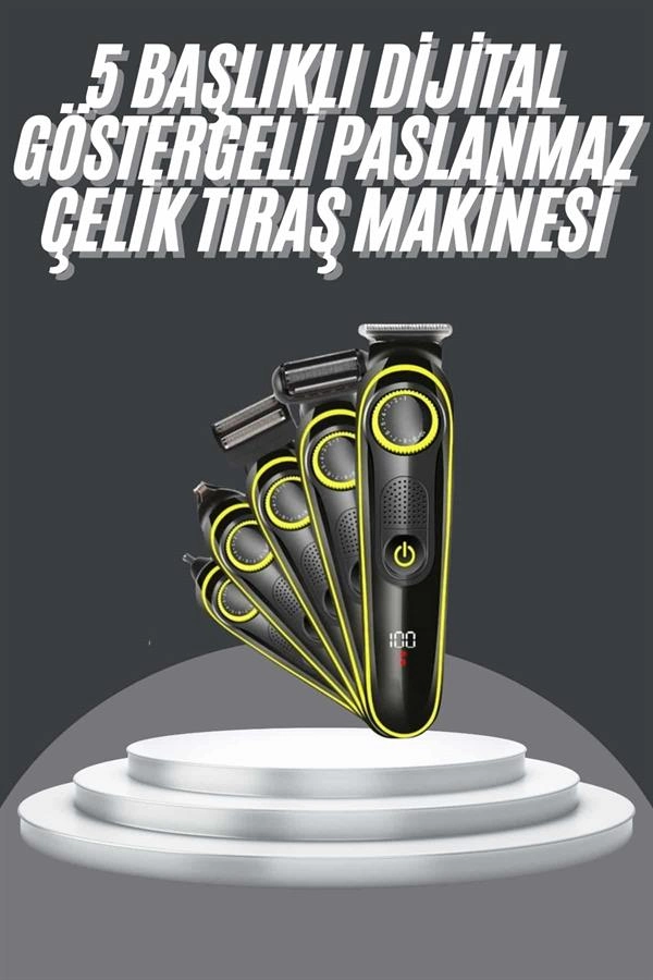 5 Başlıklı Şarjlı Tıraş Makinesi Led Ekran Saç Sakal Ense Tıraşına Uygun Bakım Seti ( Lisinya )