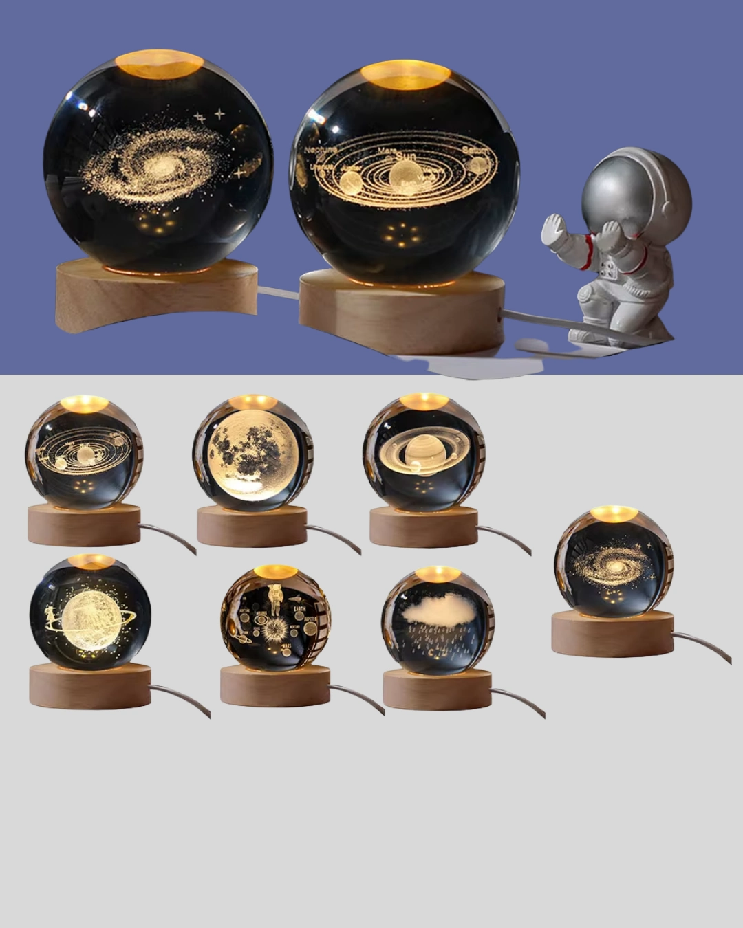 5 Cm 3d Kristal Astronot Küre Lamba – Dekoratif Led Işıklı Ahşap Stand ( Lisinya )