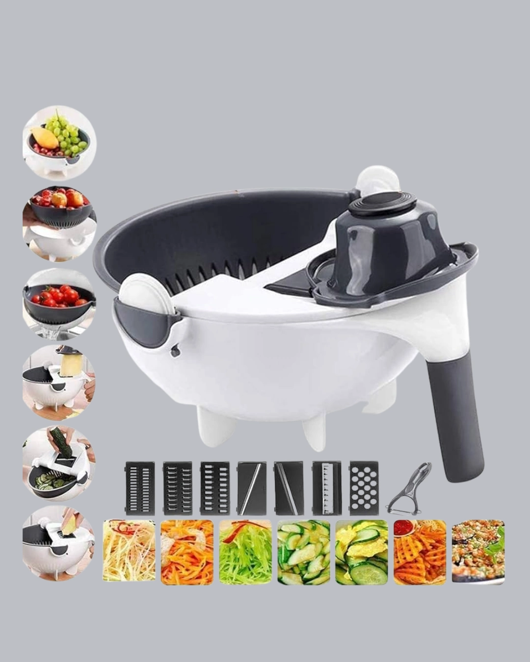 5 Fonksiyonlu Döner Rende Süzgeçli Çok Amaçlı Sebze Doğrayıcı Kaymaz Tabanlı ( Lisinya )