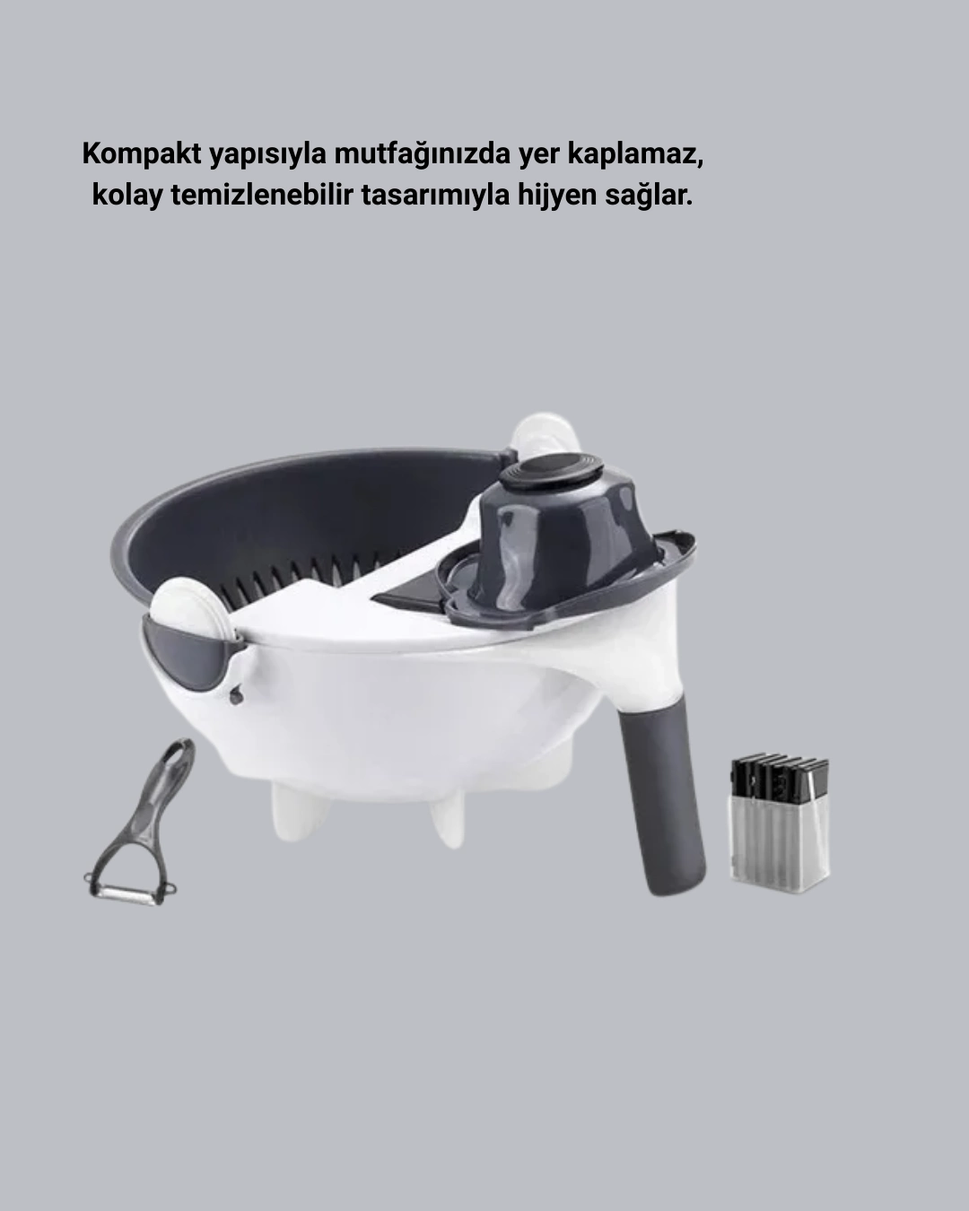 5 Fonksiyonlu Döner Rende Süzgeçli Çok Amaçlı Sebze Doğrayıcı Kaymaz Tabanlı ( Lisinya )