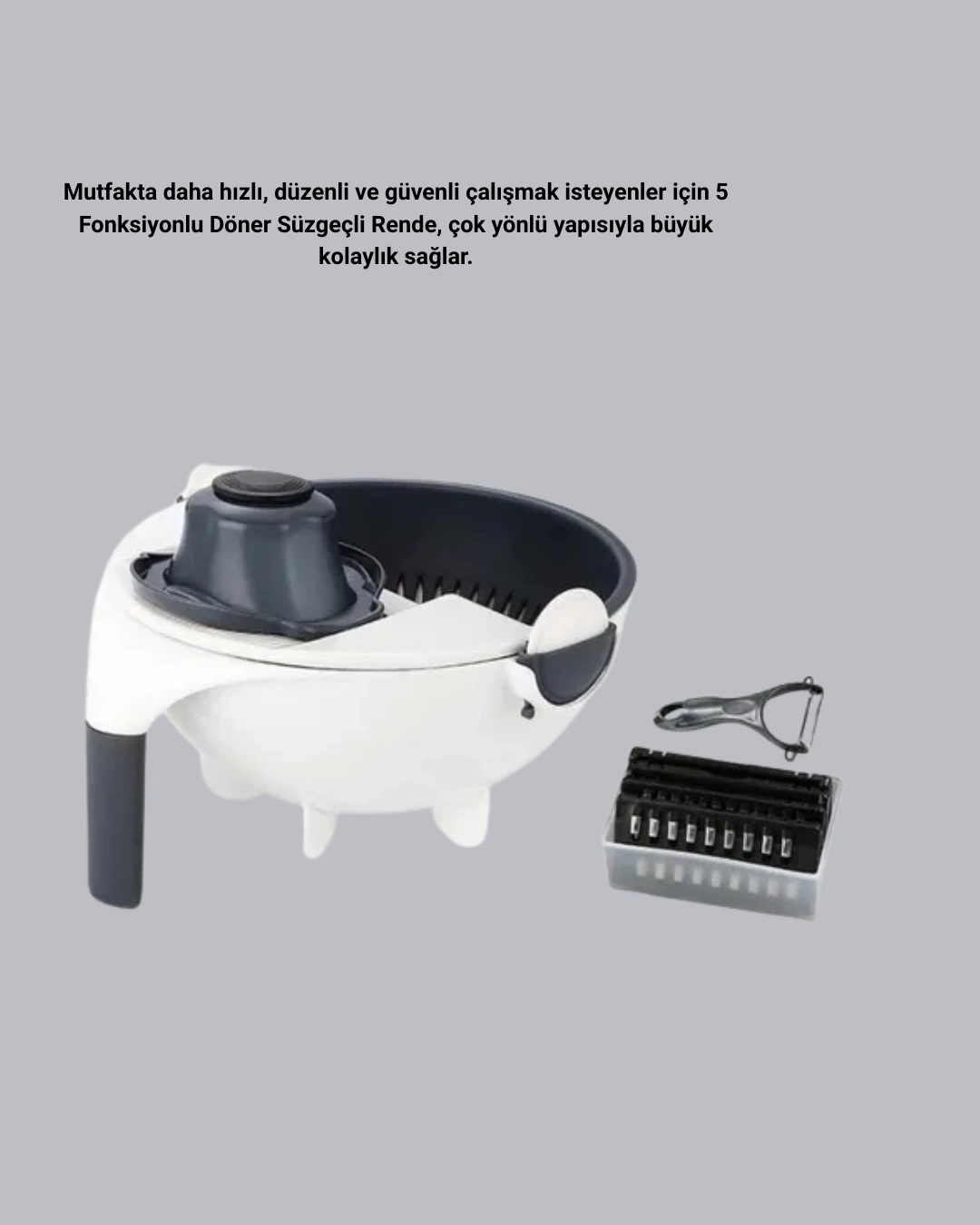 5 Fonksiyonlu Döner Rende Süzgeçli Çok Amaçlı Sebze Doğrayıcı Kaymaz Tabanlı ( Lisinya )