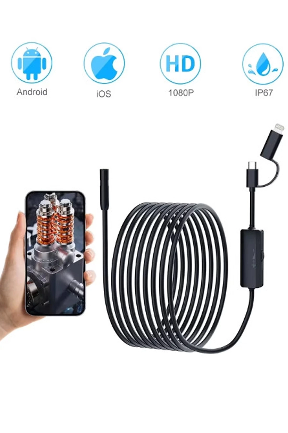 5 Metre Endoskop Yılan Video Kamera Ios Ve Android Uyumlu Led’li 8 Mm Sert Kablo 2mp ( Lisinya )