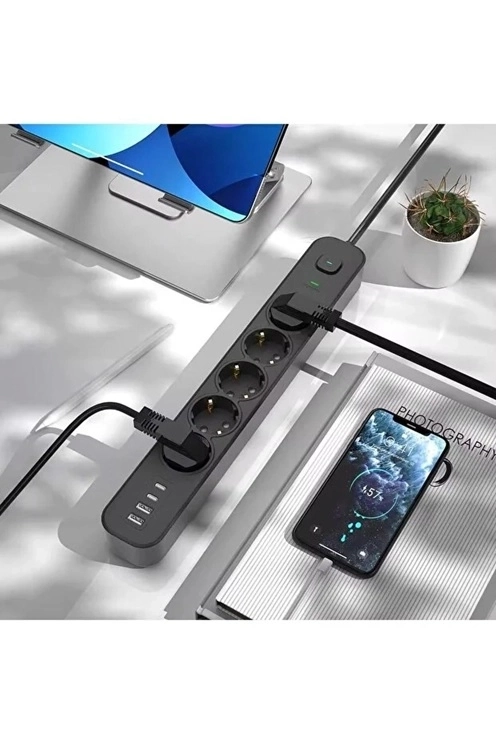 5 Prizli Akım Korumalı Uzatma Kablosu | 2xusb-a + 2xusb-c | 3680w - 2m Kablo ( Lisinya )