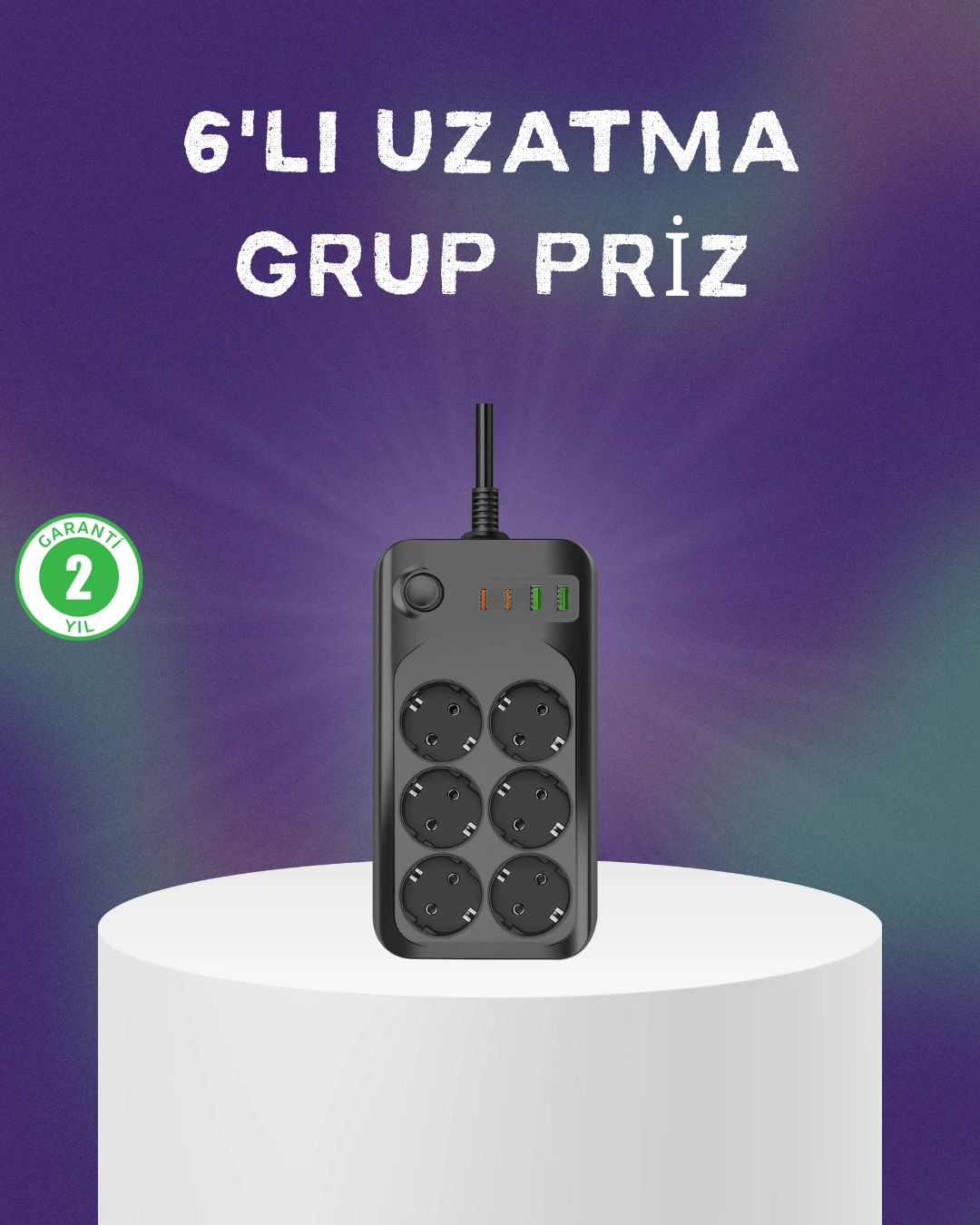 6 Prizli Çoklu Uzatma Kablosu Usb Type-c Hızlı Şarj Termal Koruma ( Lisinya )