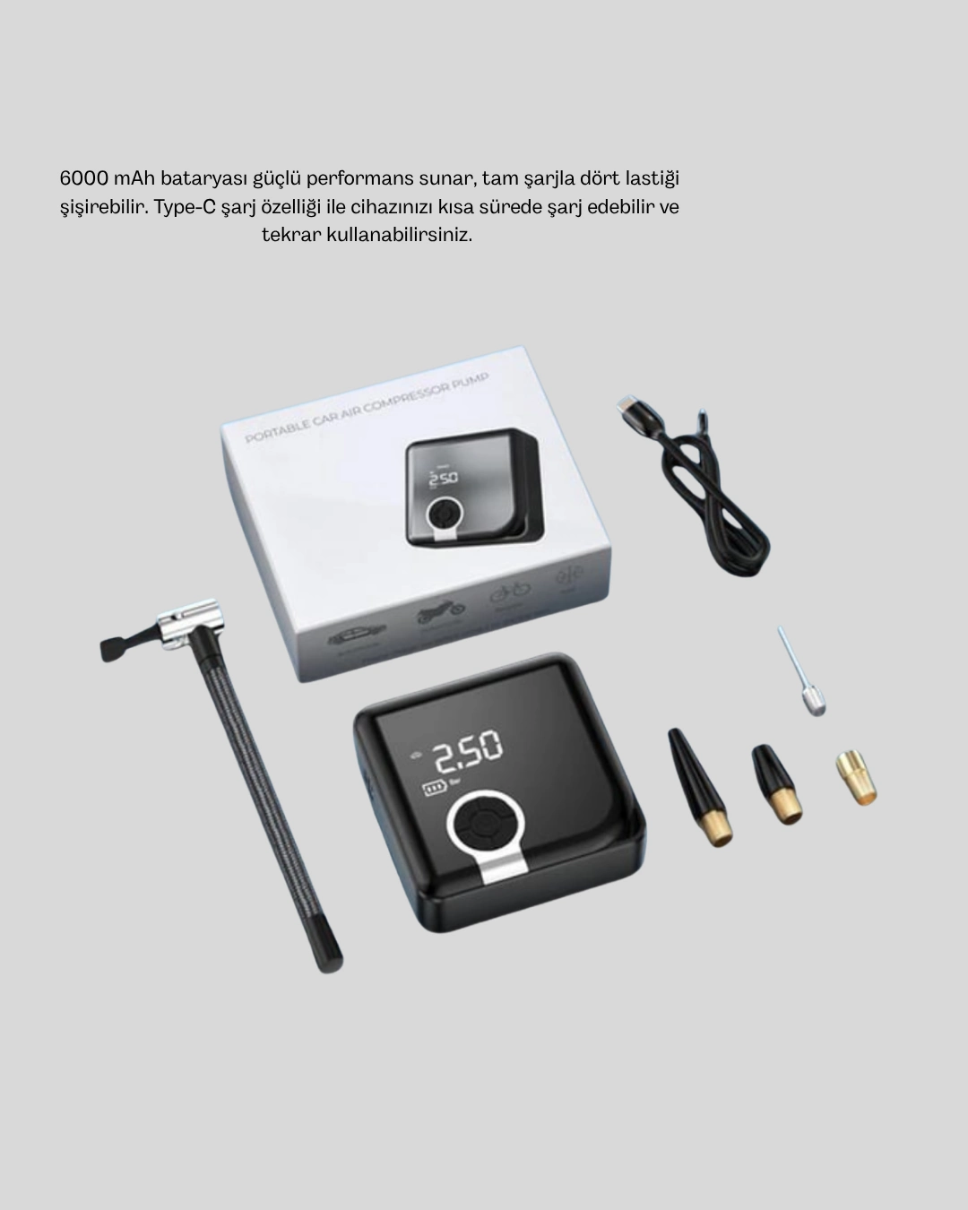 6000mah Bataryalı Type-c Şarjlı Mini Hava Kompresörü Led Işıklı ( Lisinya )
