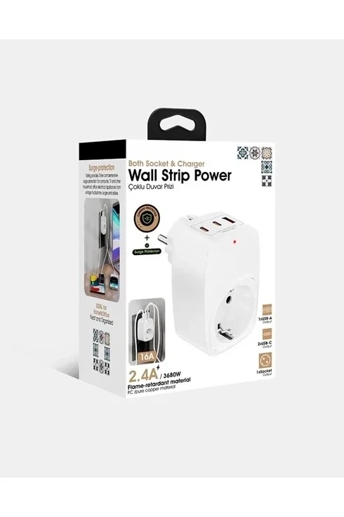 Tekli Yüksek Voltaj Korumalı Duvar Prizi 2x Type-c 1x Usb Çıkışlı Priz Grup Priz Çoğaltıcı Beyaz ( Lisinya )
