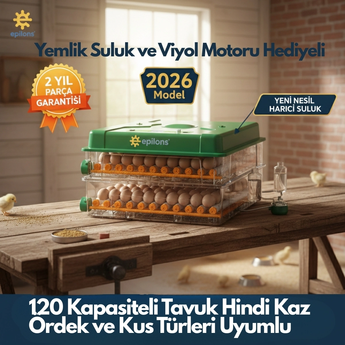 EP-120 Yumurta Kapasiteli Tam Otomatik Kuluçka Makinesi - Yeni Nesil Harici Suluklu, Dijital Nem ve Sıcaklık Göstergeli ( Lisinya ) EP-120 Yumurta Kapasiteli Tam Otomatik Kuluçka Makinesi - Yeni Nesil Harici Suluklu, Dijital Nem ve Sıcaklık Göstergeli ( Lisinya )