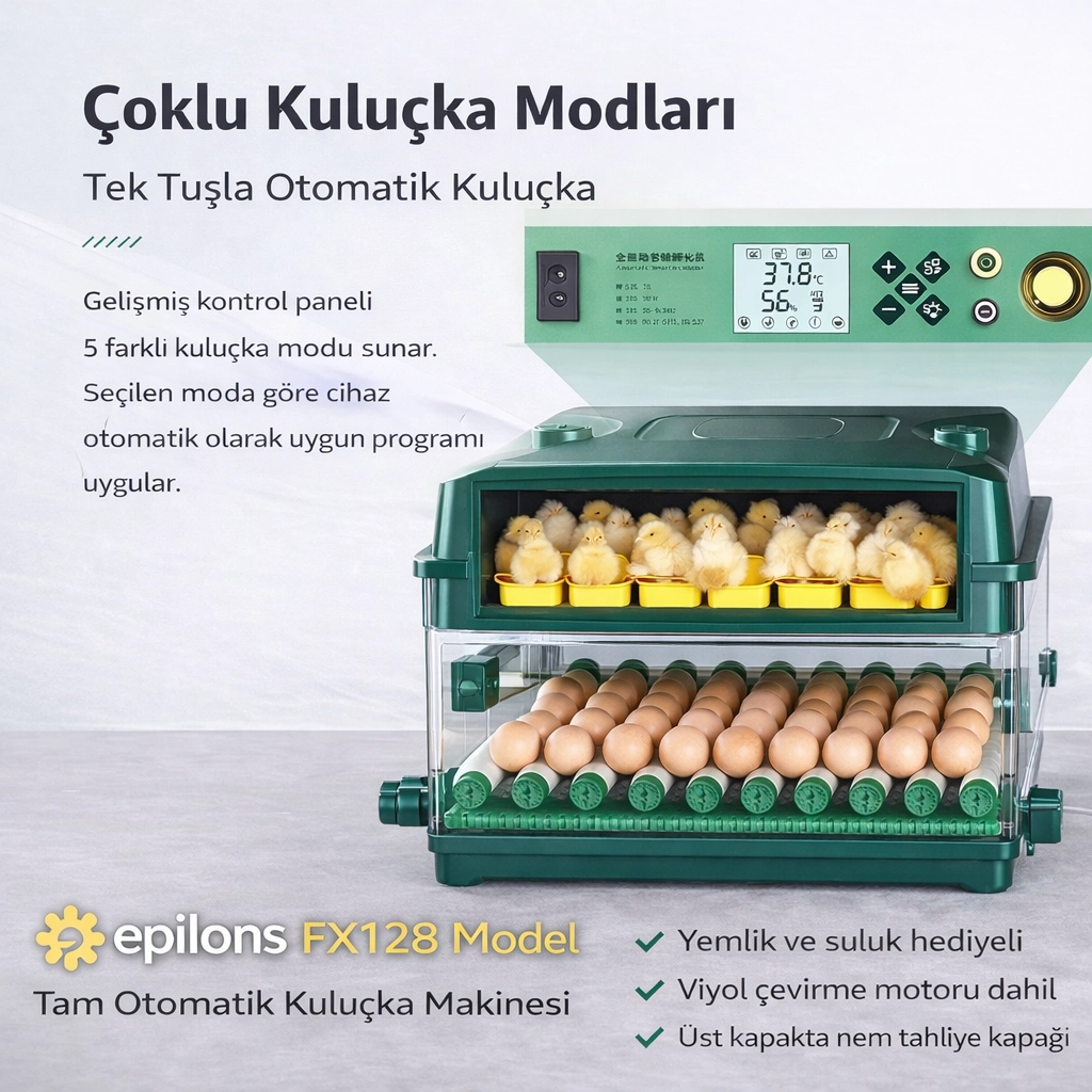 FX128 Model Tam Otomatik Kuluçka Makinesi – 128 Kapasiteli, Çift Katlı, Çift Güç Sistemli, Su Hazneli Yeni Nesil İnkübatör ( Lisinya ) FX128 Model Tam Otomatik Kuluçka Makinesi – 128 Kapasiteli, Çift Katlı, Çift Güç Sistemli, Su Hazneli Yeni Nesil İnkübatör ( Lisinya )