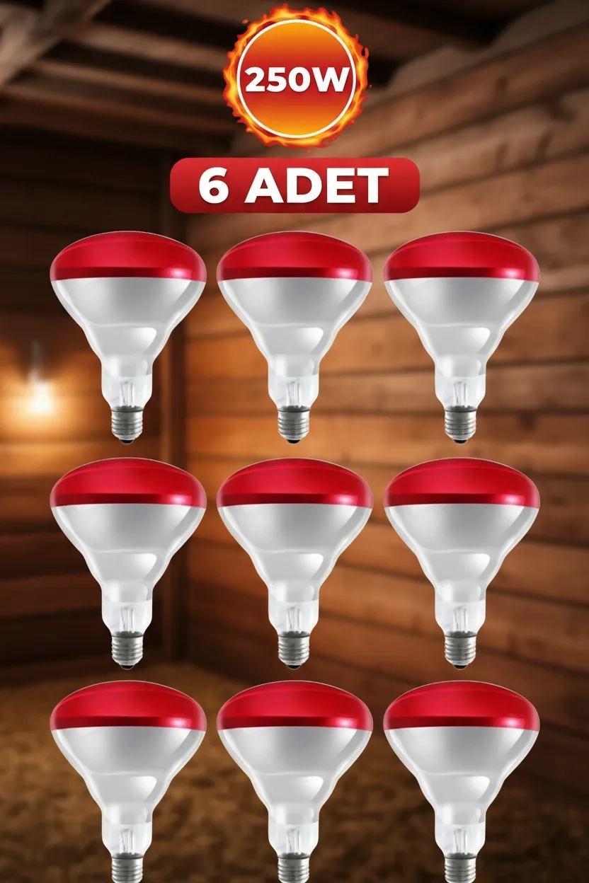 (6 Adet) 250W Kızılötesi Isıtıcılı Hayvan Isıtma ve Kuluçka Lambası (Kırmızı Işık) E27 (Kalın Duy) ( Lisinya )