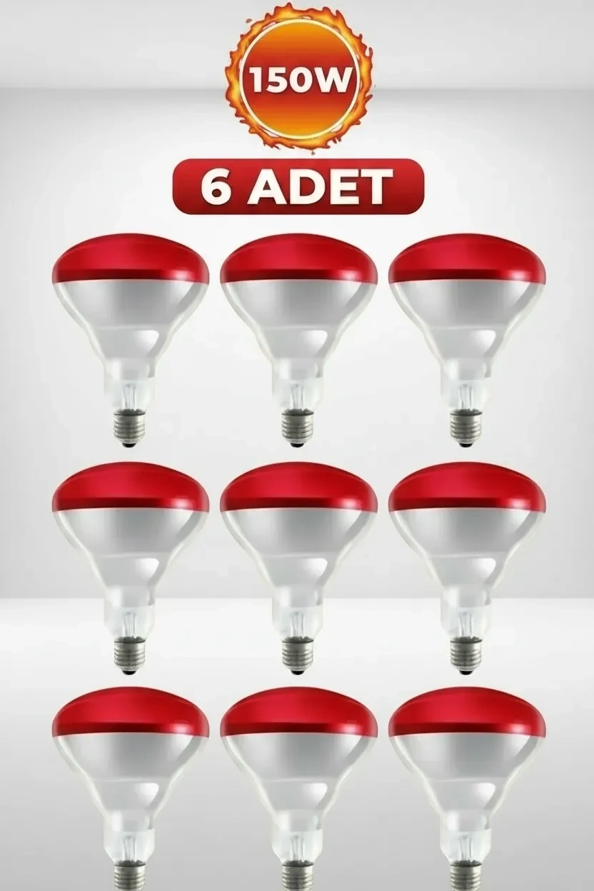 (6 Adet) 150W Kızılötesi Isıtıcılı Hayvan Isıtma ve Kuluçka Lambası (Kırmızı Işık) E27 (Kalın Duy) ( Lisinya )