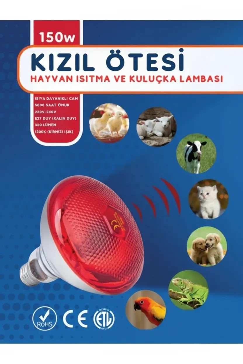(6 Adet) 150W Kızılötesi Isıtıcılı Hayvan Isıtma ve Kuluçka Lambası (Kırmızı Işık) E27 (Kalın Duy) ( Lisinya )