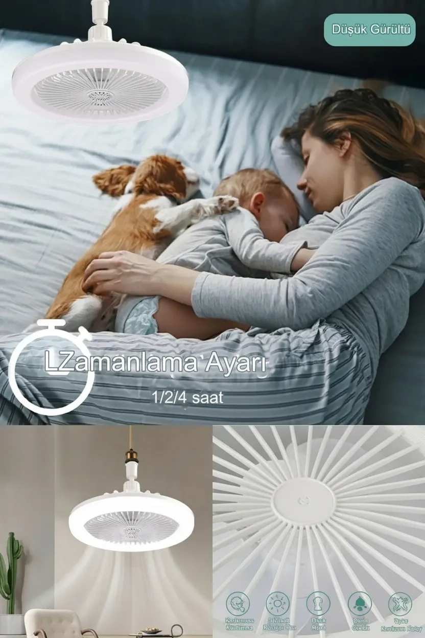 E27 Duylu Kumandalı Tavan Vantilatörlü LED Lamba 3 Hız ve Renk Ayarlı Tavan Pervanesi ( Lisinya )