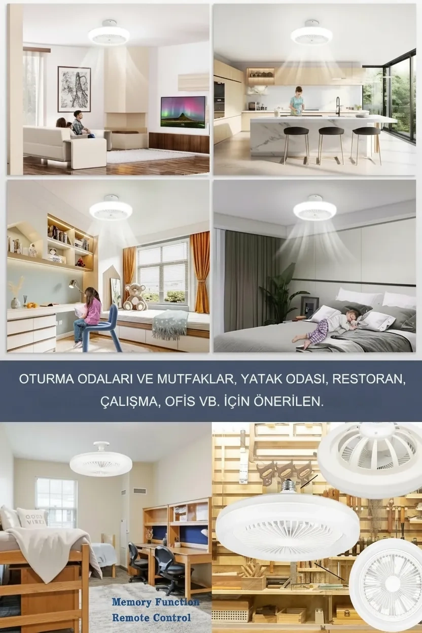E27 Duylu Kumandalı Tavan Vantilatörlü LED Lamba 3 Hız ve Renk Ayarlı Tavan Pervanesi ( Lisinya )
