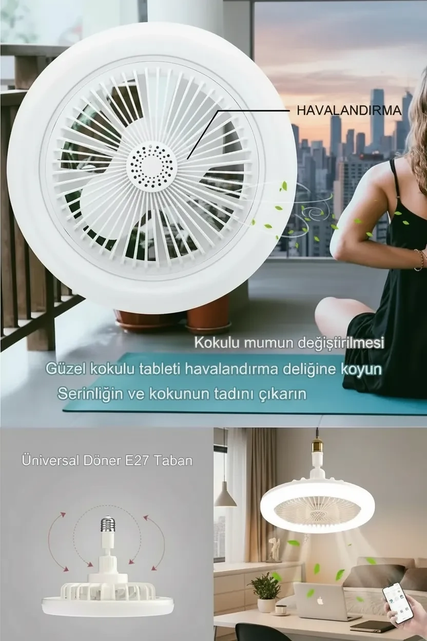 E27 Duylu Kumandalı Tavan Vantilatörlü LED Lamba 3 Hız ve Renk Ayarlı Tavan Pervanesi ( Lisinya )