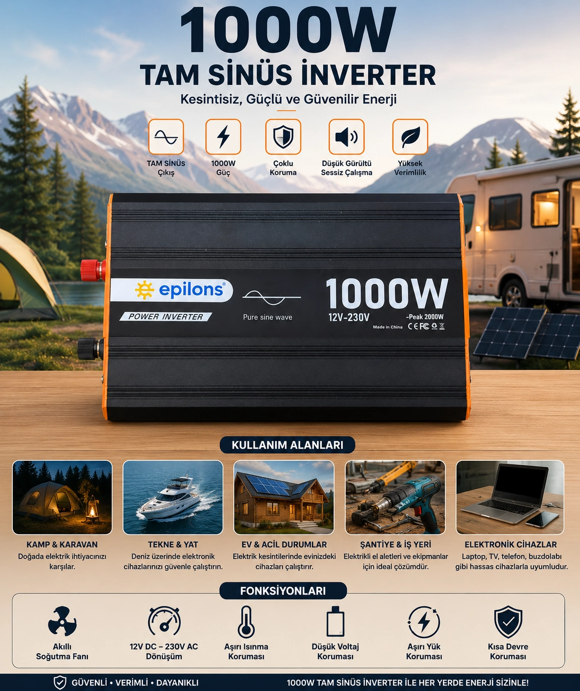 1000W Tam Sinüs İnverter 12V AC Çevirici | Sessiz Fanlı, USB Çıkışlı, Araç Karavan Tekne Solar Uyumlu Güç İnverteri ( Lisinya ) 1000W Tam Sinüs İnverter 12V AC Çevirici | Sessiz Fanlı, USB Çıkışlı, Araç Karavan Tekne Solar Uyumlu Güç İnverteri ( Lisinya )