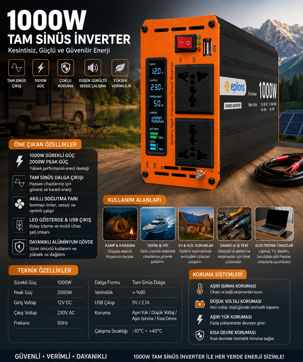 1000W Tam Sinüs İnverter 12V AC Çevirici | Sessiz Fanlı, USB Çıkışlı, Araç Karavan Tekne Solar Uyumlu Güç İnverteri ( Lisinya ) 1000W Tam Sinüs İnverter 12V AC Çevirici | Sessiz Fanlı, USB Çıkışlı, Araç Karavan Tekne Solar Uyumlu Güç İnverteri ( Lisinya )
