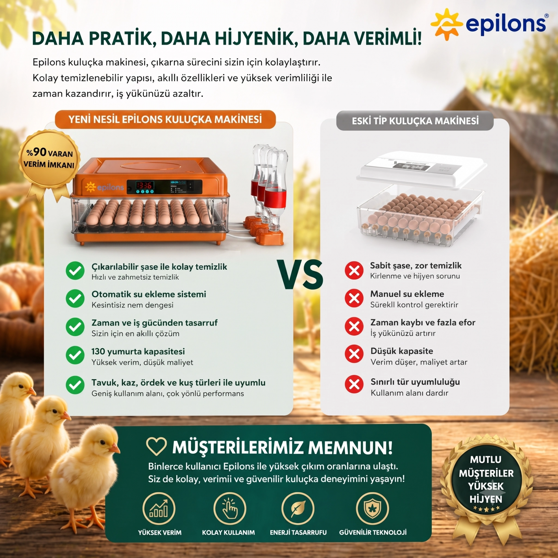 Tam Otomatik Kuluçka Makinesi 130 Yumurta Kapasiteli - Akıllı Isı ve Nem Kontrollü, Ayarlanabilir Viyol, Otomatik Su Sistemli ( Lisinya )