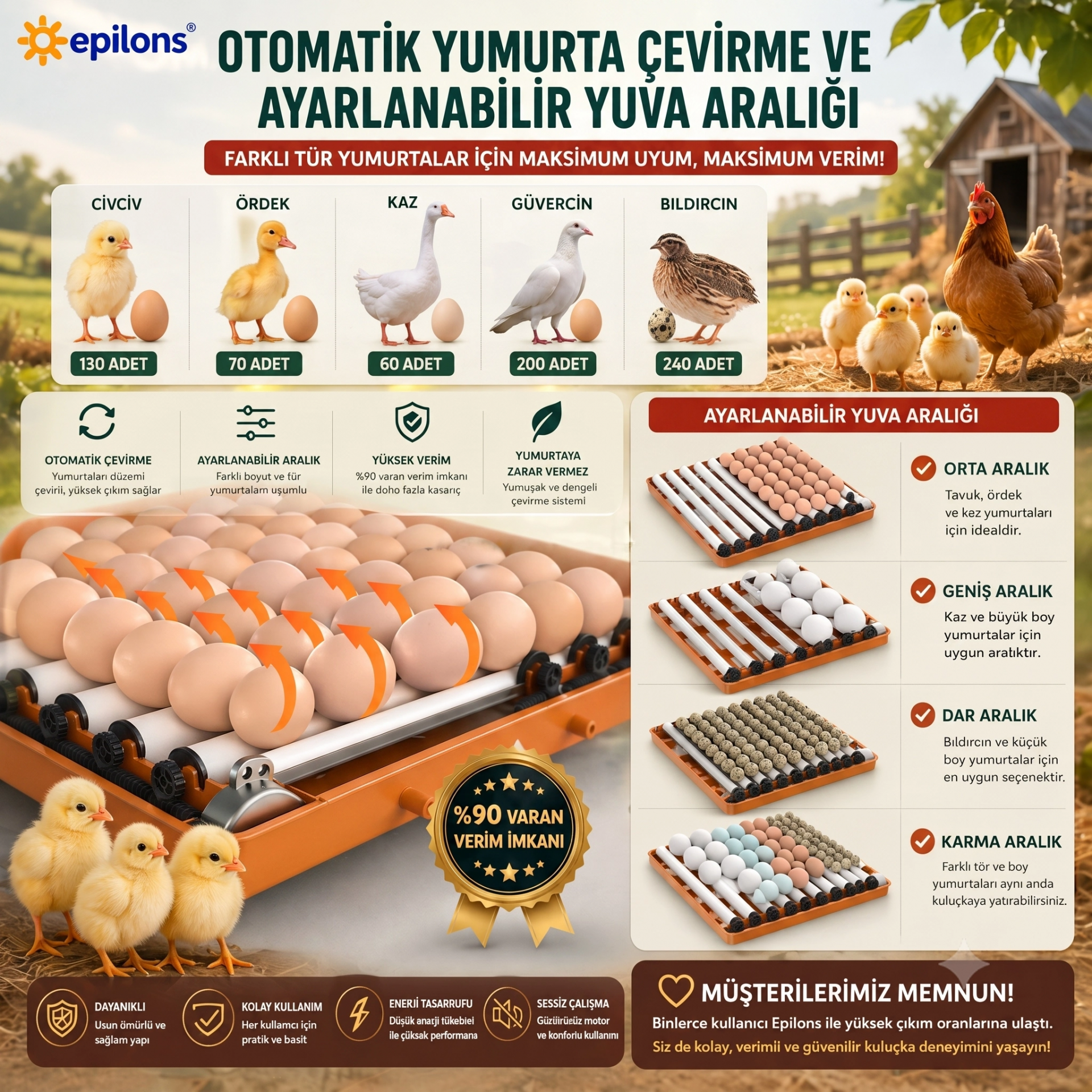 Tam Otomatik Kuluçka Makinesi 130 Yumurta Kapasiteli - Akıllı Isı ve Nem Kontrollü, Ayarlanabilir Viyol, Otomatik Su Sistemli ( Lisinya )