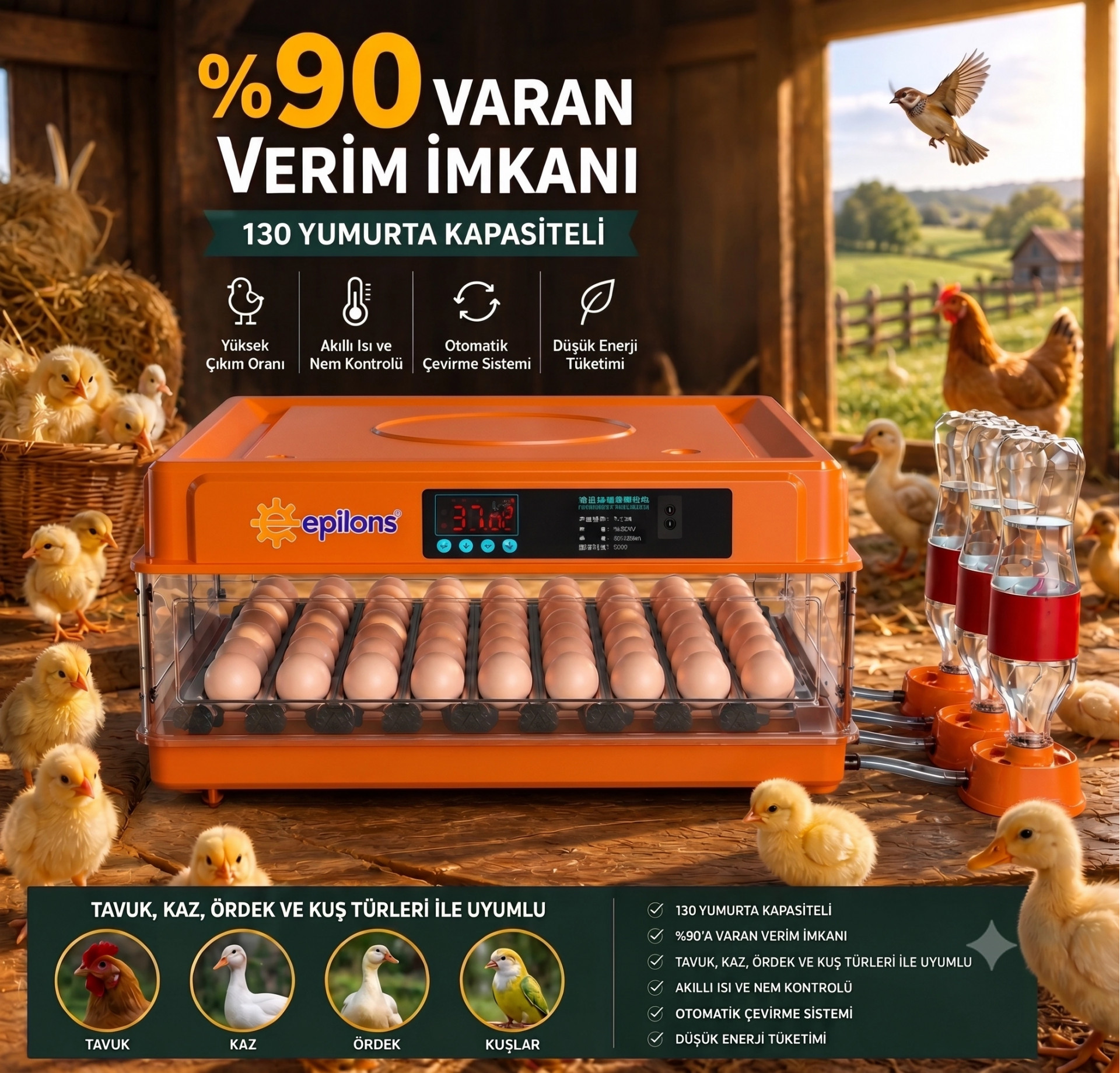 Tam Otomatik Kuluçka Makinesi 130 Yumurta Kapasiteli - Akıllı Isı ve Nem Kontrollü, Ayarlanabilir Viyol, Otomatik Su Sistemli ( Lisinya )
