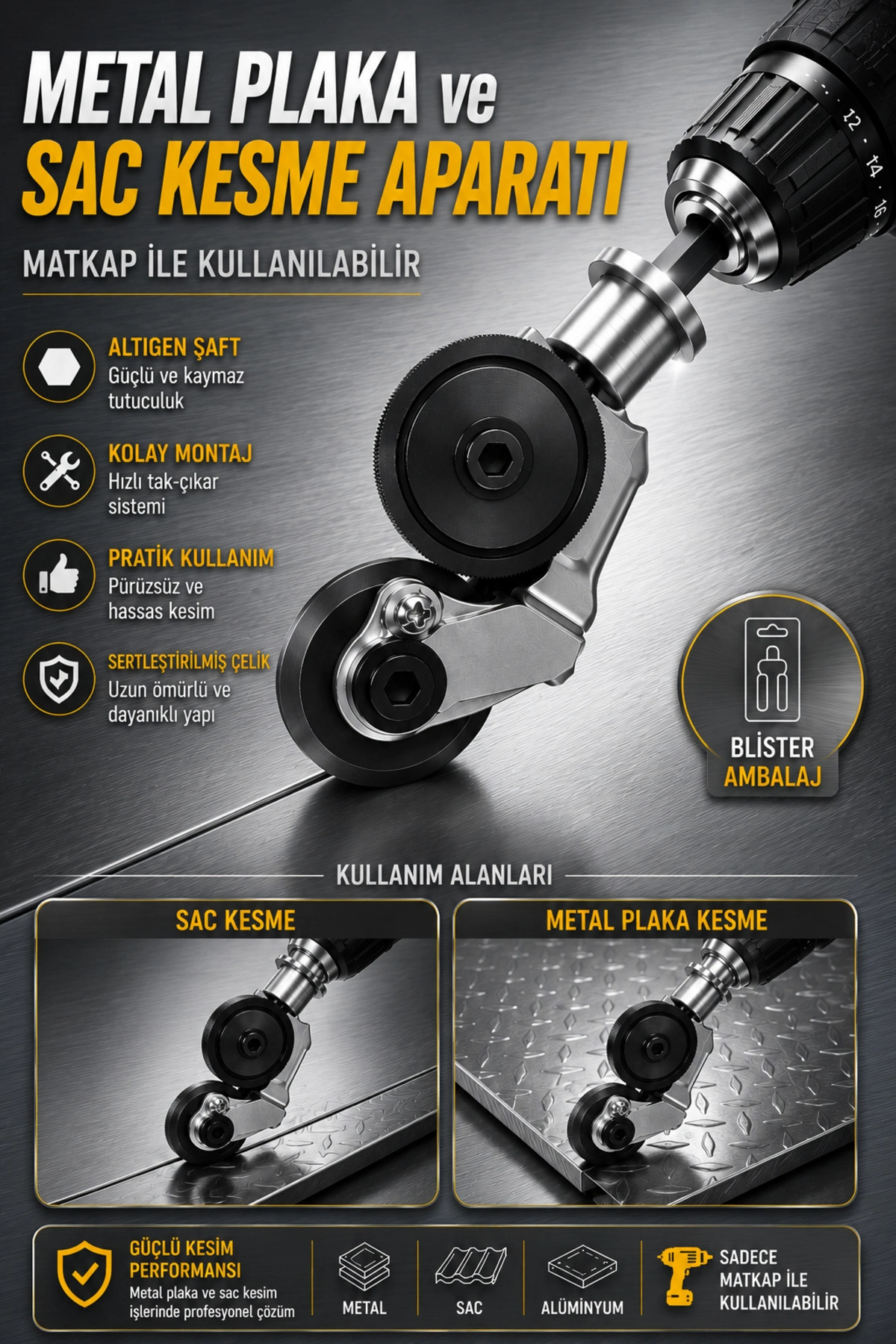 Matkap Ucuna Takılabilen Metal Sac Kesme Aparatı Şarjlı ve Elektrikli Matkap Uyumlu Pratik Kesim Aleti ( Lisinya ) Matkap Ucuna Takılabilen Metal Sac Kesme Aparatı Şarjlı ve Elektrikli Matkap Uyumlu Pratik Kesim Aleti ( Lisinya )