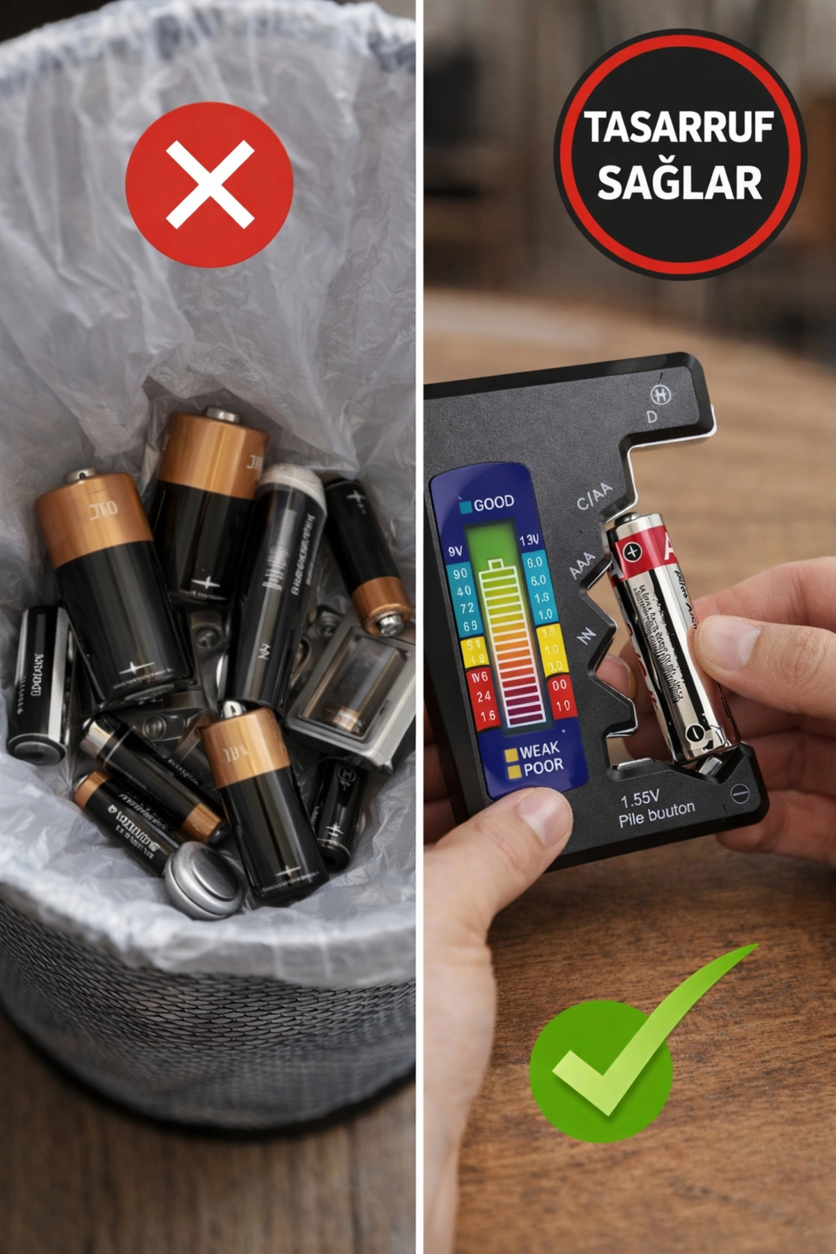 Evrensel Mini Pil Test Cihazı – Pil Doluluk Seviyesi Ölçer ve Pil Durum Kontrol Aparatı ( Lisinya )