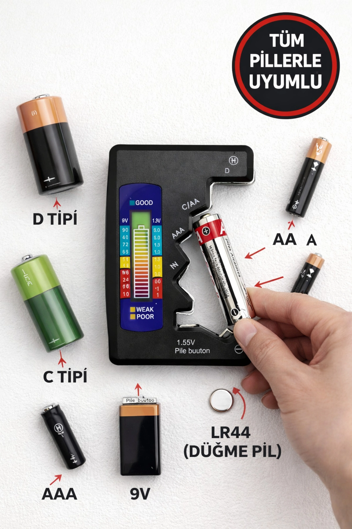 Evrensel Mini Pil Test Cihazı – Pil Doluluk Seviyesi Ölçer ve Pil Durum Kontrol Aparatı ( Lisinya )