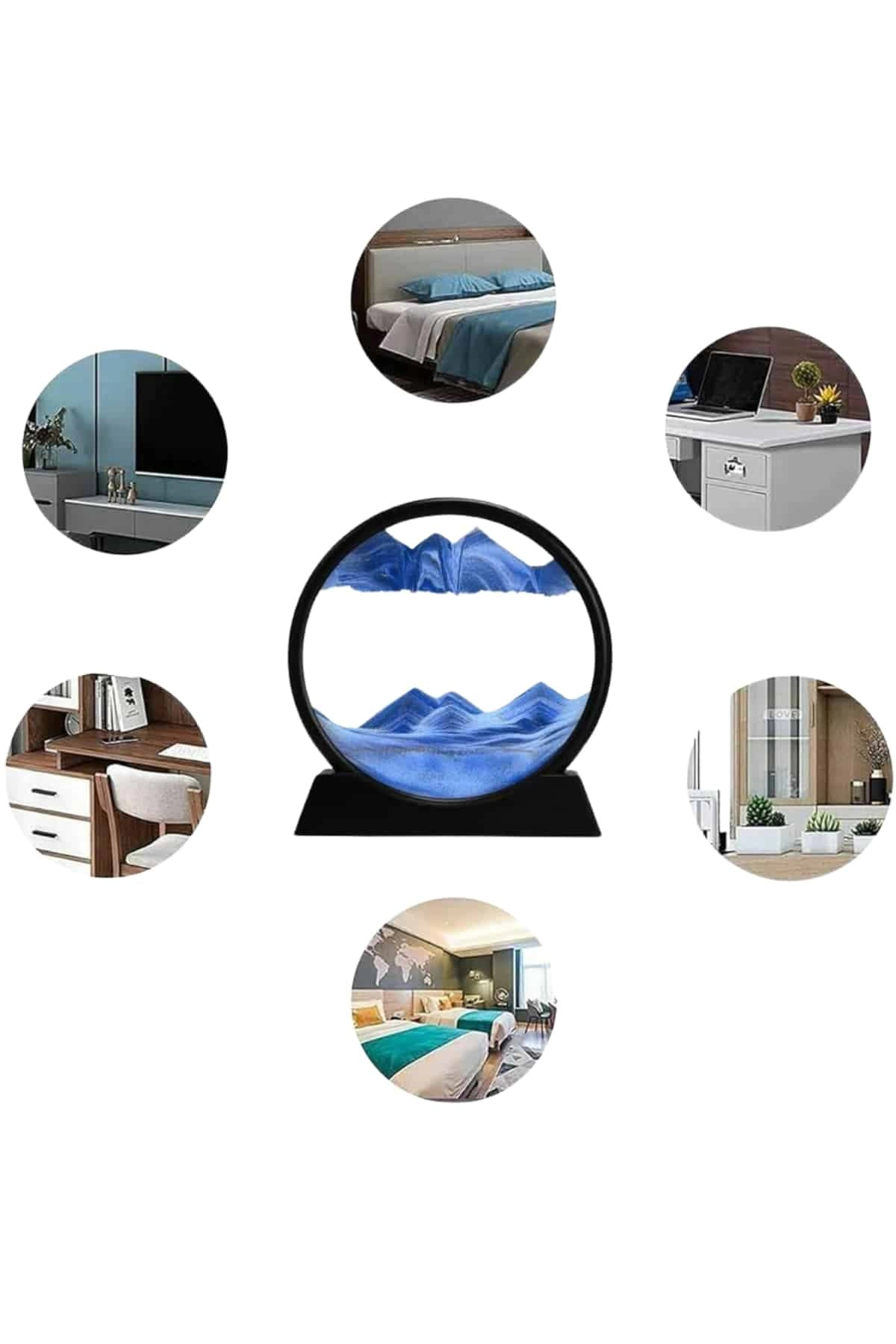 7 Inç Mavi Orta Boy Dekoratif Yuvarlak Şık Kum Tablosu Modern Dekoratif Süs ( Lisinya )