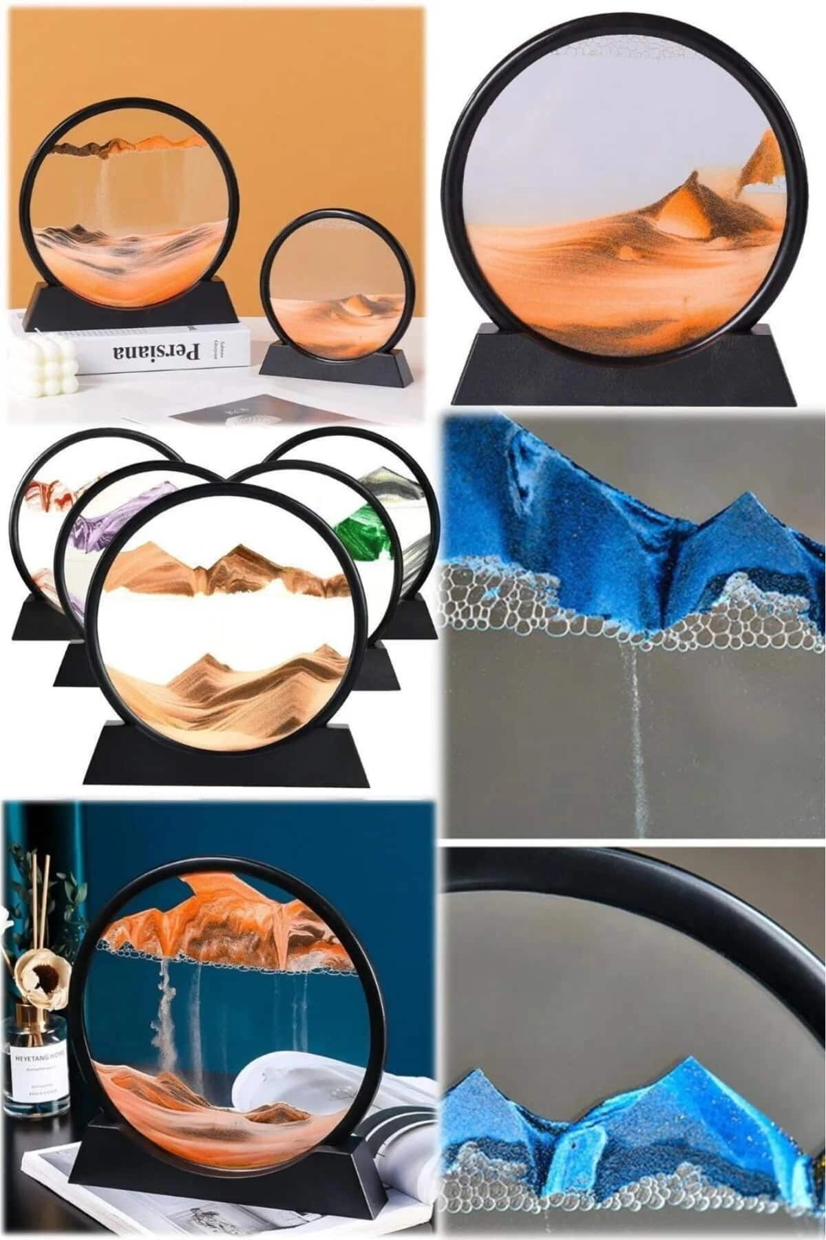 7 Inç Mavi Orta Boy Dekoratif Yuvarlak Şık Kum Tablosu Modern Dekoratif Süs ( Lisinya )