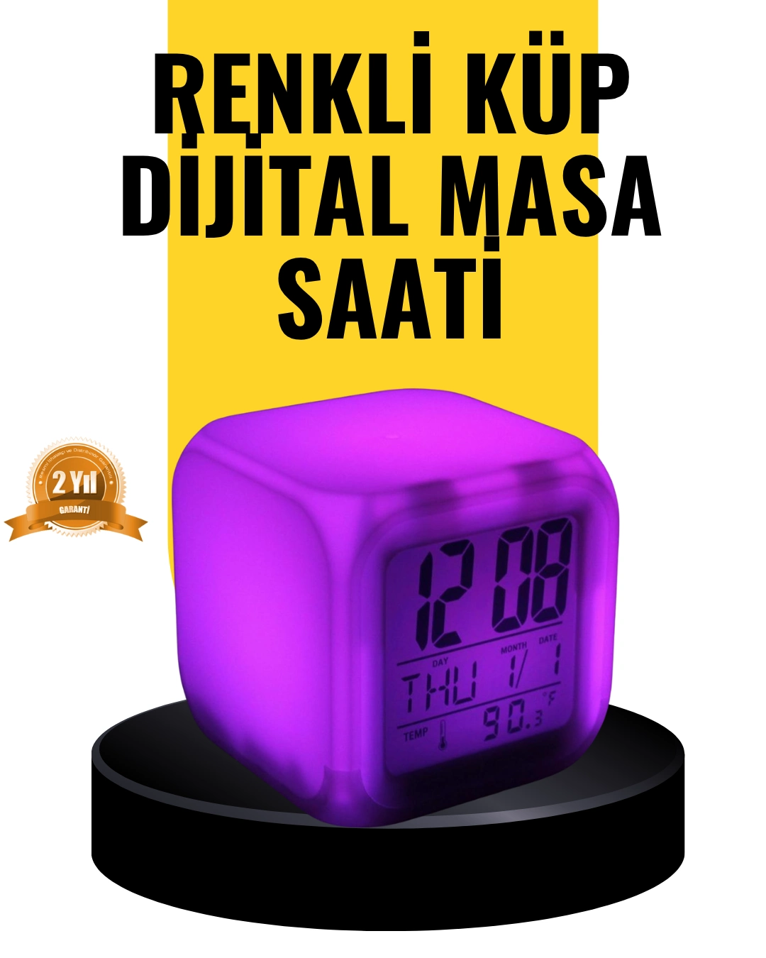 7 Renk Led Işıklı Alarmlı Dijital Küp Masa Saati Termometreli ( Lisinya )