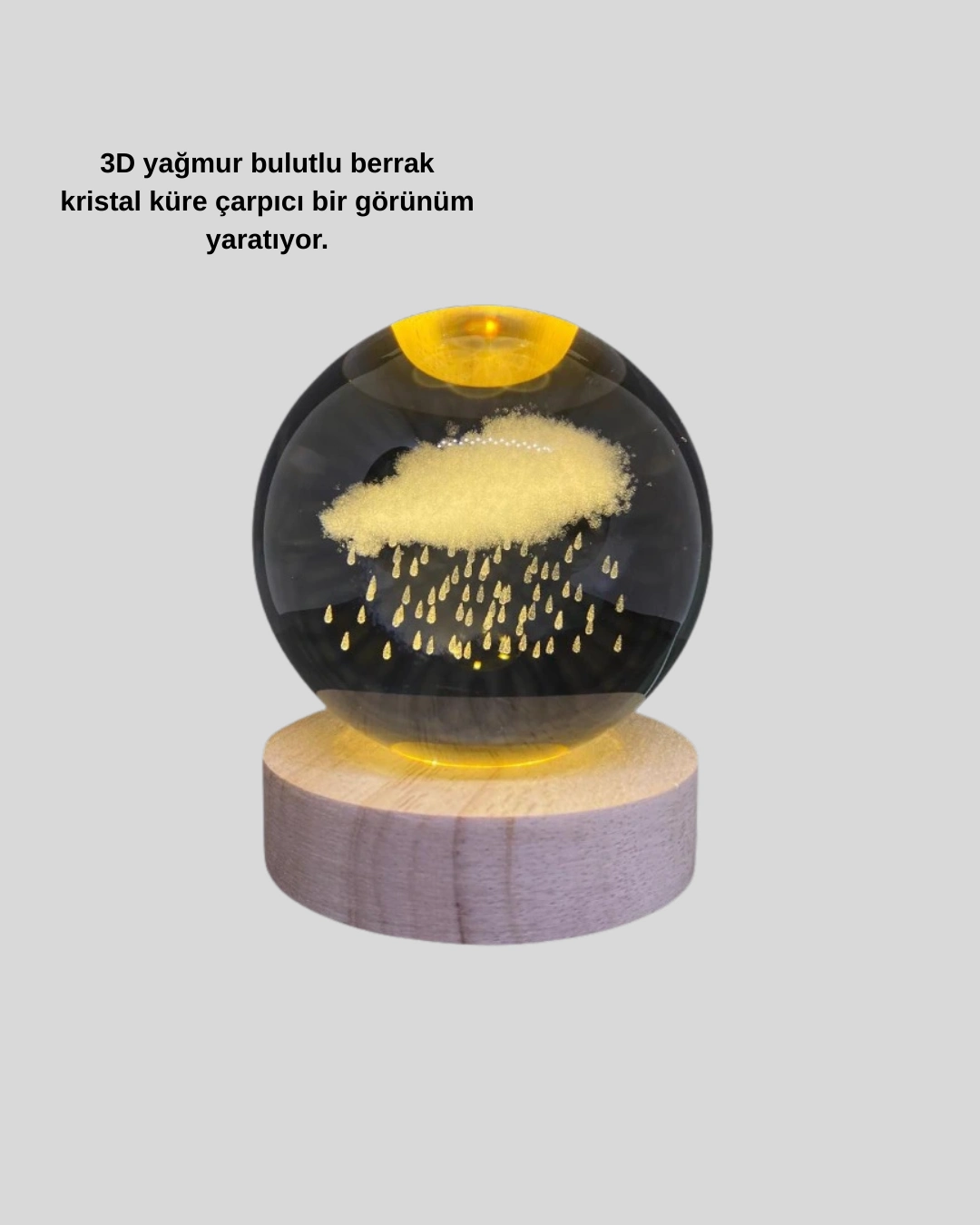 8 Cm 3d Yağmur Bulutu Kristal Küre Led Gece Lambası Ahşap Standlı Tasarım Lamba ( Lisinya )