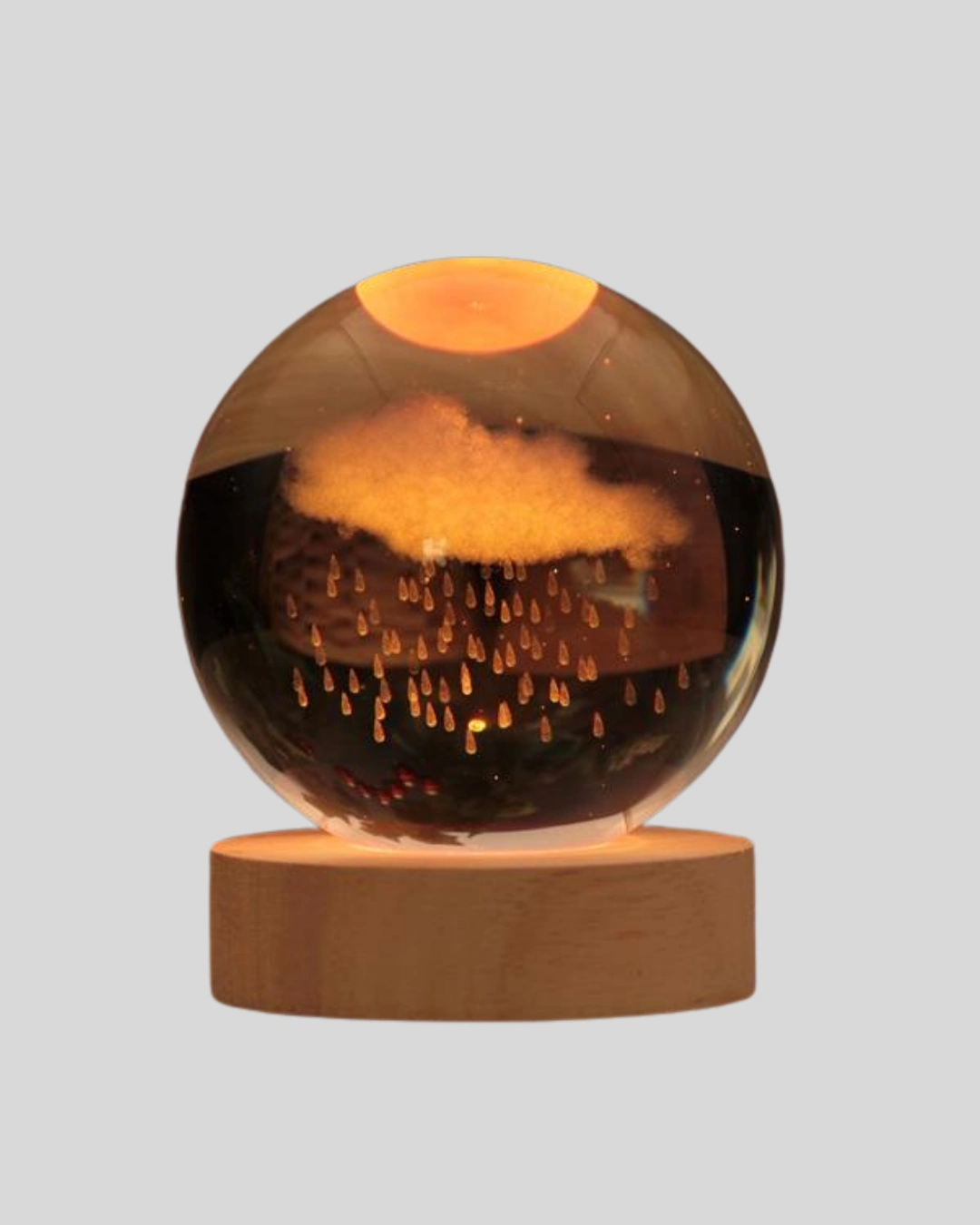 8 Cm 3d Yağmur Bulutu Kristal Küre Led Gece Lambası Ahşap Standlı Tasarım Lamba ( Lisinya )