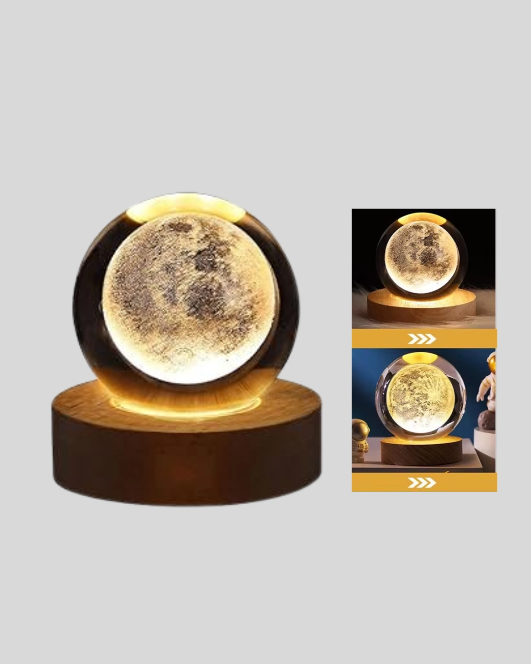 8 Cm Ay Desenli Kristal Küre Sıcak Led Işıklı Ahşap Tabanlı Oda Lambası ( Lisinya )