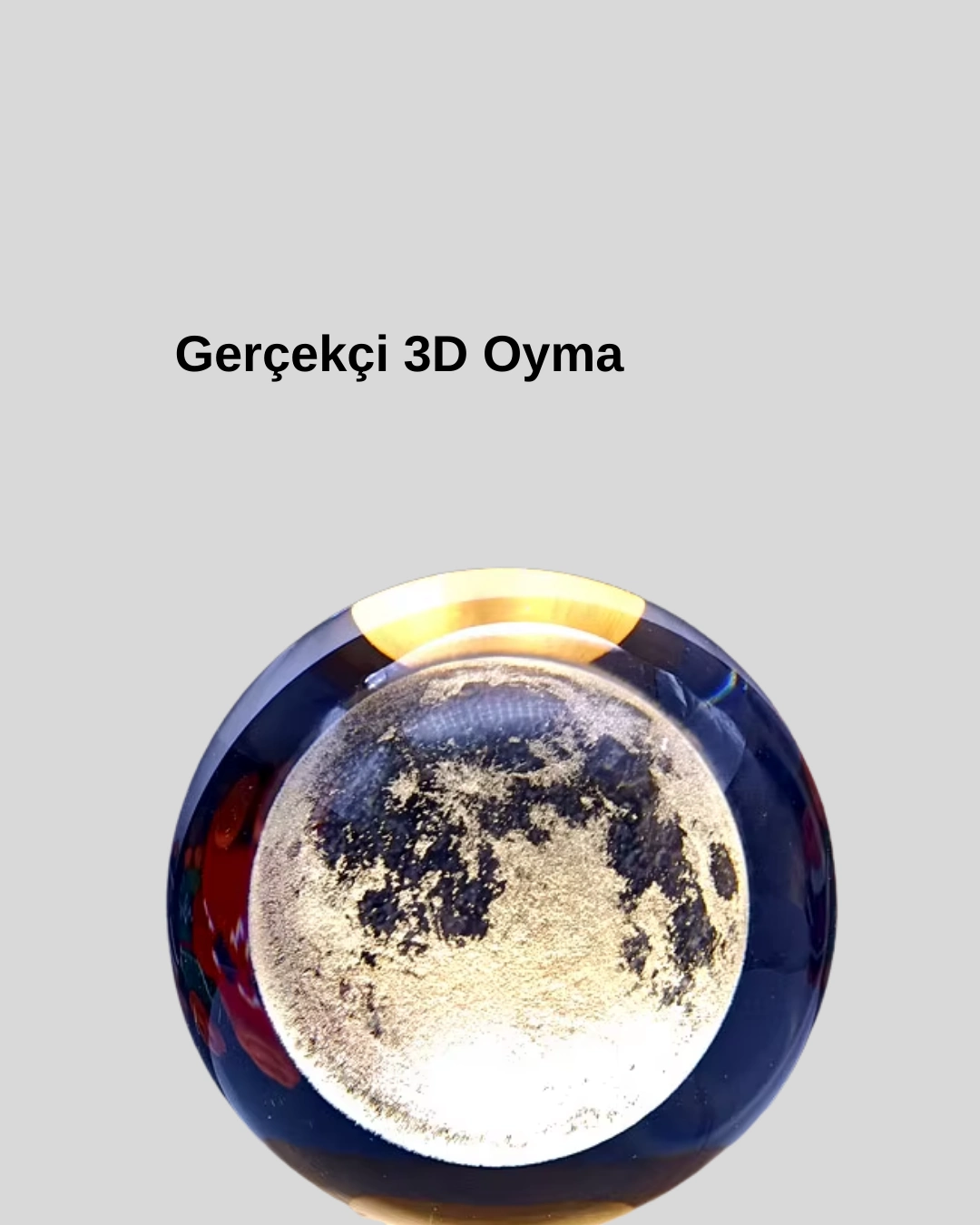 8 Cm Ay Desenli Kristal Küre Sıcak Led Işıklı Ahşap Tabanlı Oda Lambası ( Lisinya )