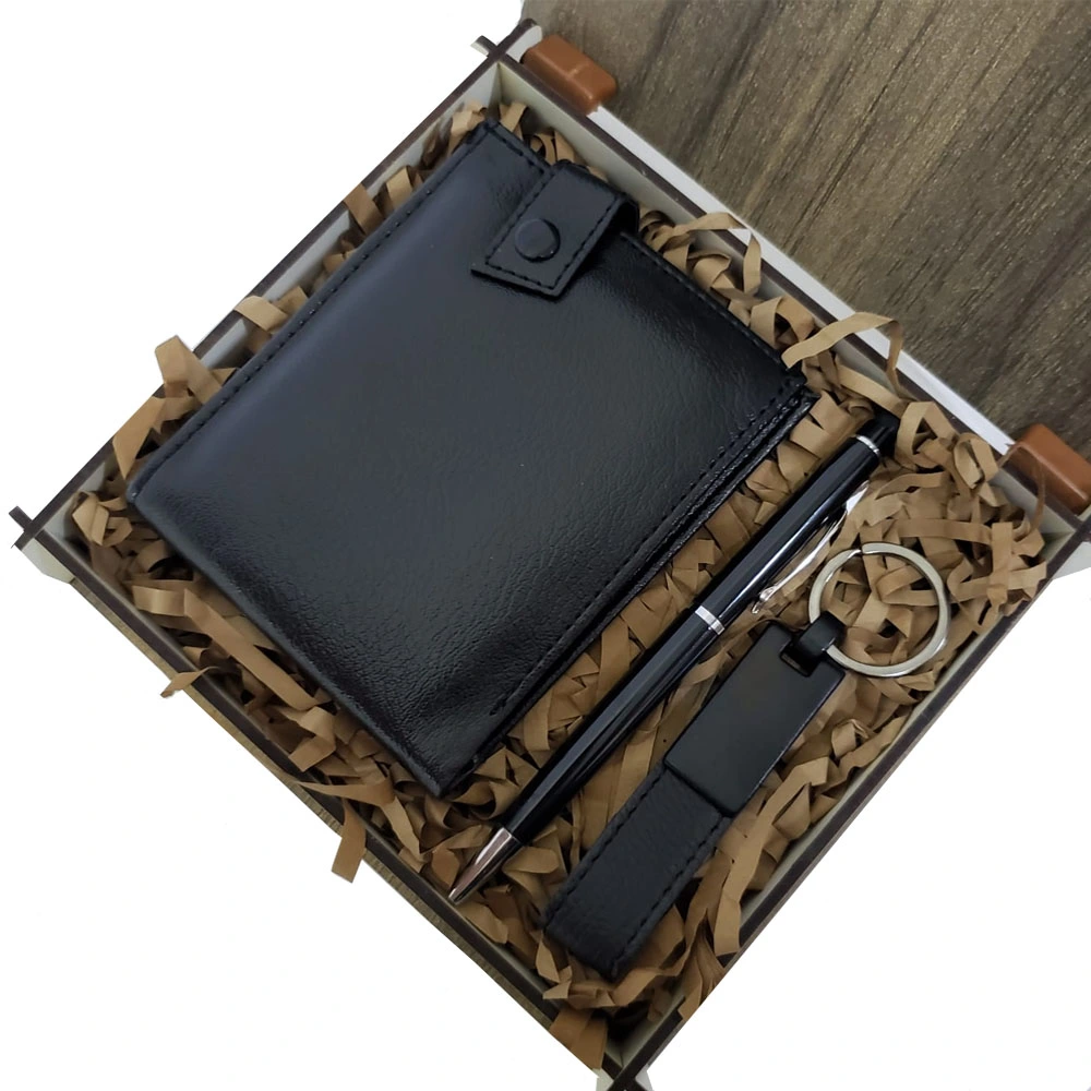 Ahşap Deri Kutulu Siyah Renk 3'lü Hediye Seti - Kalem, Cüzdan, Anahtar ( Lisinya )