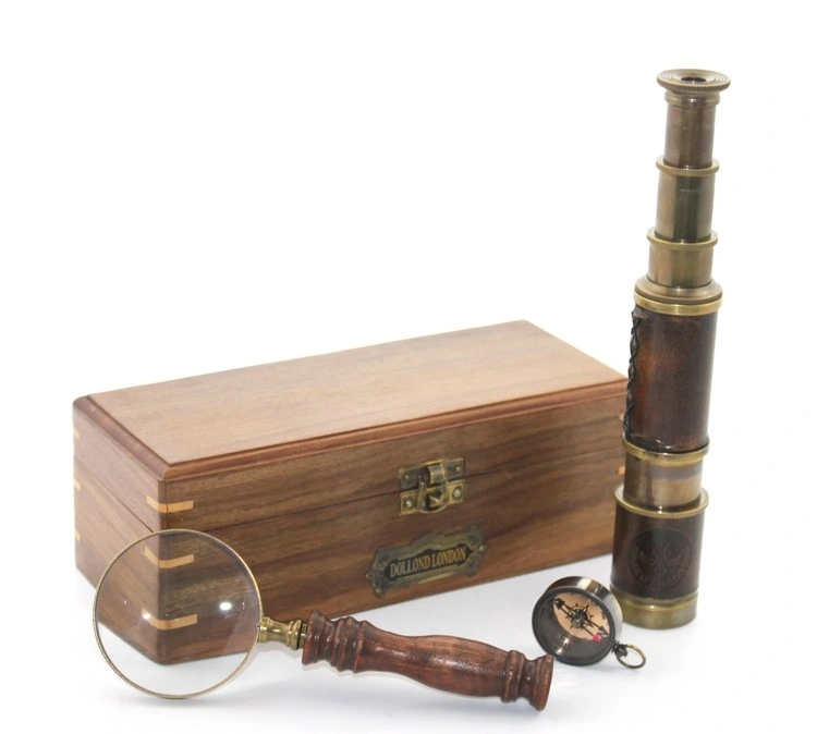 Ahşap Kutu Pirinç Pusula, Dürbün, Büyüteç, Seti Model 2 ( Lisinya )