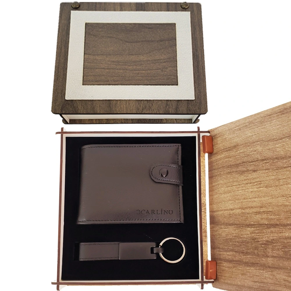 Ahşap Kutulu Deri Cüzdan Ve Anahtarlık Seti ( Lisinya )