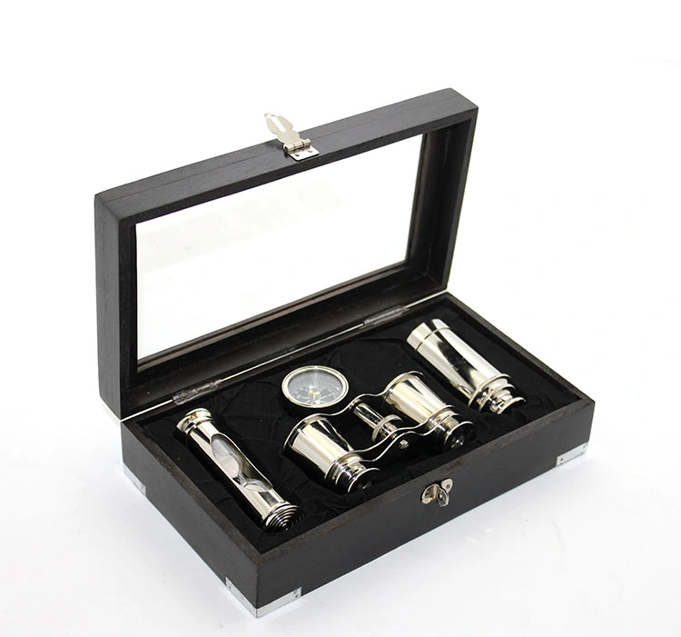 Ahşap Kutulu Pirinç Dürbün Pusula Ve Kum Saati Seti ( Lisinya )