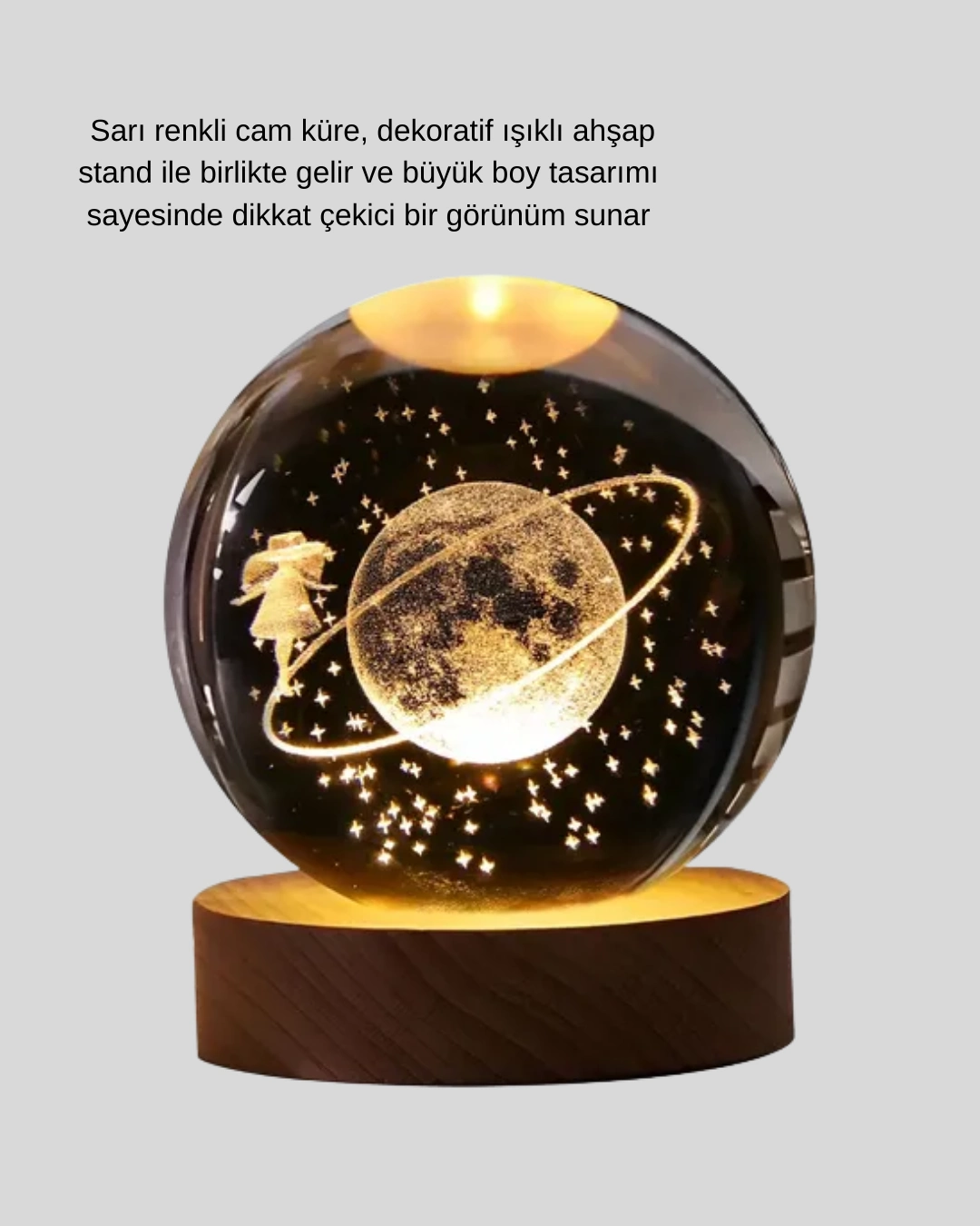 Ahşap Standlı Sarı Işıklı Dekoratif Küre Kız Figürü Tasarım ( Lisinya )