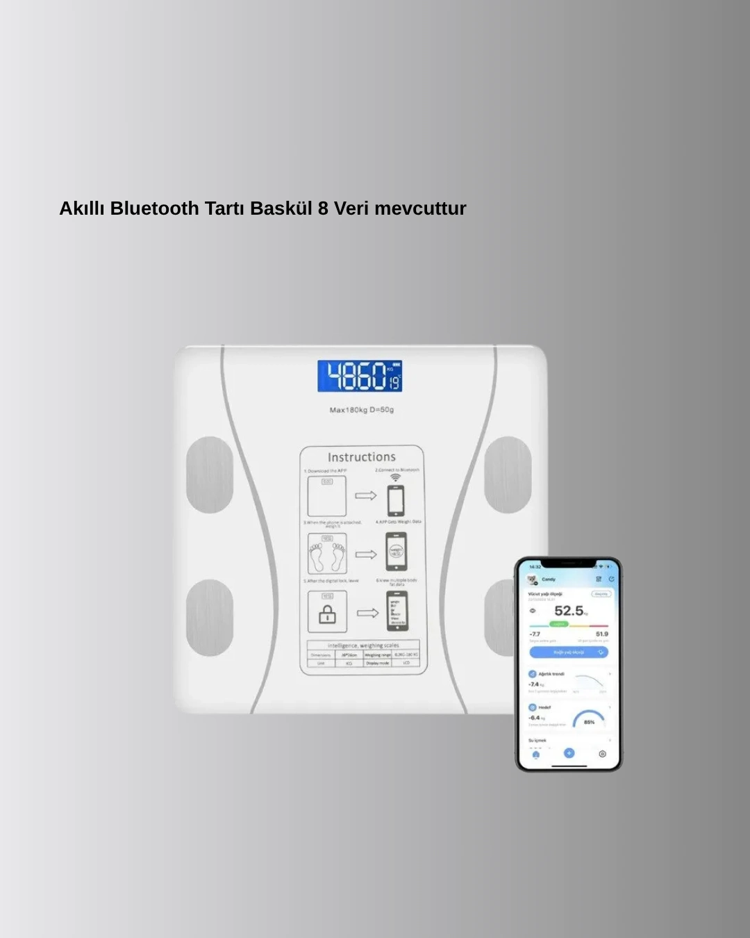 Akıllı Bluetooth Tartı – 8 Farklı Ölçüm Verisi, Otomatik Kişi Tanıma ( Lisinya ) Akıllı Bluetooth Tartı – 8 Farklı Ölçüm Verisi, Otomatik Kişi Tanıma ( Lisinya )