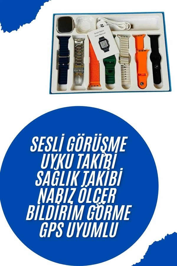 Akıllı Saat 7 Kordon Hediyeli Takvim Alarm Nabız Ölçer Bildirim Görme Sesli Görüşme ( Lisinya )