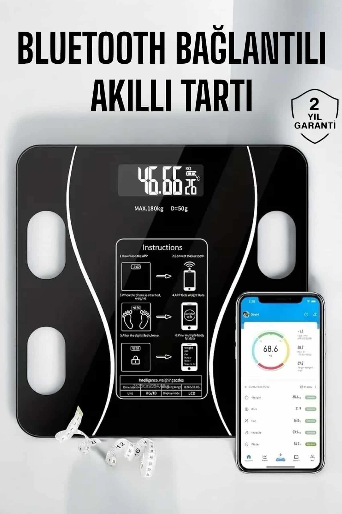 Akıllı Tartı Bluetooth Bağlantılı Yağ Ölçebilen Tartı Yeni Nesil ( Lisinya )