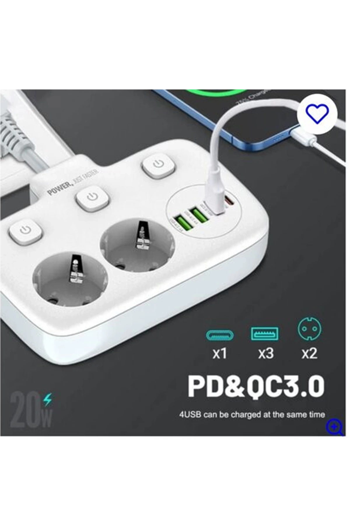 Akım Korumalı 2’li Ayrı Anahtarlı Priz, 2x Priz, 3x Usb, 1x Type-c, 2 Mt Kablo, Hızlı Şarj ( Lisinya )
